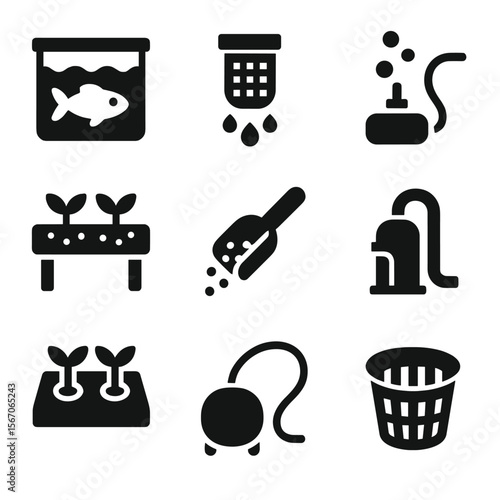 Aquaponics Icons Grid. Solid, filled icon set of aquaponics system: fish tank, water filter, air stone, grow bed, fish food scoop,