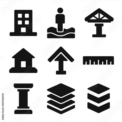Architectural Model Icons. Solid, filled icon set of architectural model: miniature building, scale figure, terrain base, 3D