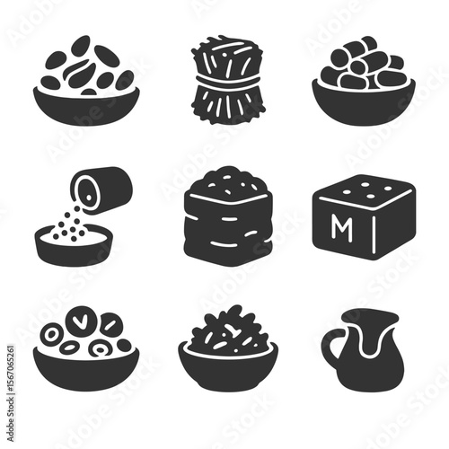Animal Feed Icons. Solid, filled icons set of types of feed and supplements: grain mix, hay, pellets, mineral