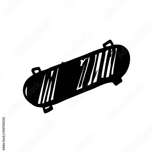 Grunge-style hand-drawn alternative skateboard with stripe pattern. Urban black doodle design on transparent background for edgy apparel, subculture branding, or skateboarding zines