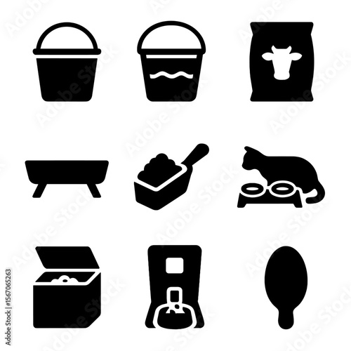 Animal Feeding Icons. Solid, filled icons set of animal feeding tools: feed bucket, water bucket, feed bag,