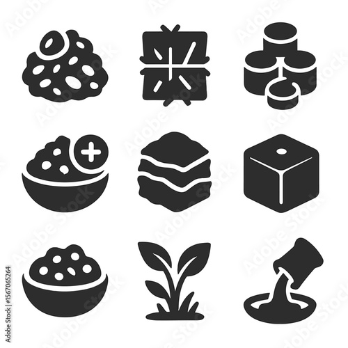 Animal Feed Icons. Solid, filled icons set of types of feed and supplements: grain mix, hay, pellets, mineral