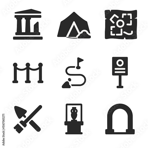 Archaeological Icon Grid. Solid, filled icon set of archaeological sites: ruins, excavation tent, ancient city map, protective