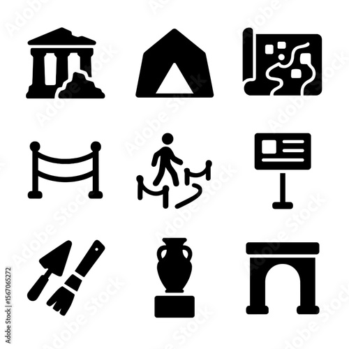 Archaeological Icon Grid. Solid, filled icon set of archaeological sites: ruins, excavation tent, ancient city map, protective