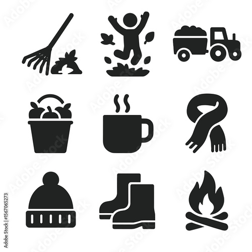 Autumn Icons Grid. Solid, filled icon set of autumn activities: raking leaves, leaf pile jump, hayride, apple picking, hot drink,