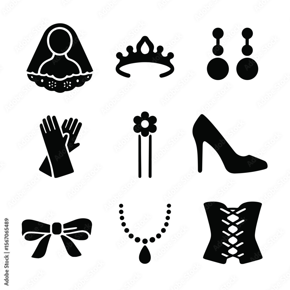 Obraz premium Bridal Fashion Icons. Solid, filled icon set of bridal fashion details: lace veil, tiara, pearl earrings, satin gloves, hairpin,
