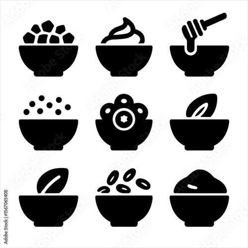 Breakfast Icon Set. Solid, filled icon set of breakfast fruit bowls: granola topping, yogurt swirl, honey drizzle, chia seeds,