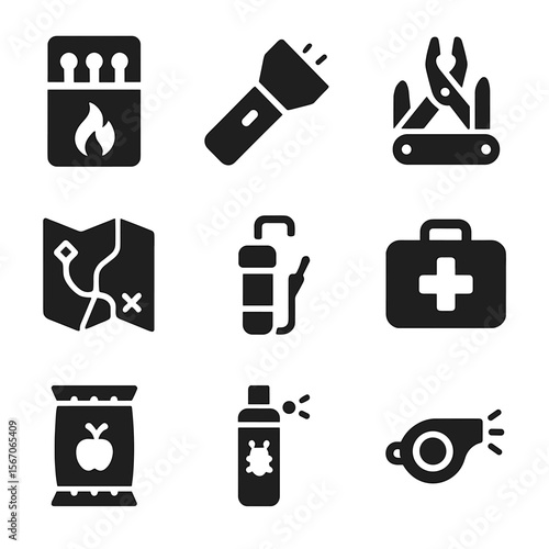 Backcountry Essentials Icons. Solid, filled icon set of backcountry essentials: matchbox, flashlight, multitool, trail map, water