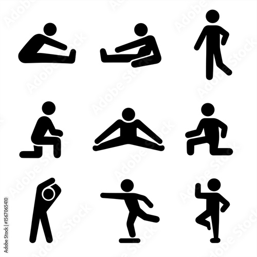 Athlete Stretch Icons. Solid, filled icon set of stretching for athletes: pre-game stretch, post-game stretch, rehab stretch,