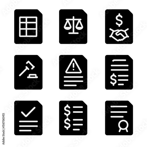 Bankruptcy Document Icons. Solid, filled icon set of bankruptcy hearing documents: financial ledger, bankruptcy petition, debt