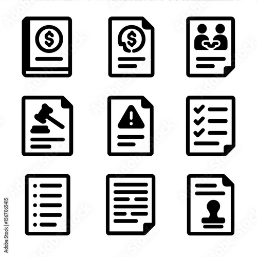 Bankruptcy Document Icons. Solid, filled icon set of bankruptcy hearing documents: financial ledger, bankruptcy petition, debt