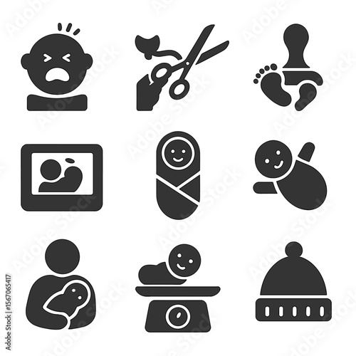 Baby's First Moments Icons. Solid, filled icon set of baby’s first moments: first cry, umbilical cut, footprint stamp, newborn