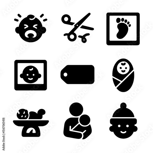 Baby's First Moments Icons. Solid, filled icon set of baby’s first moments: first cry, umbilical cut, footprint stamp, newborn