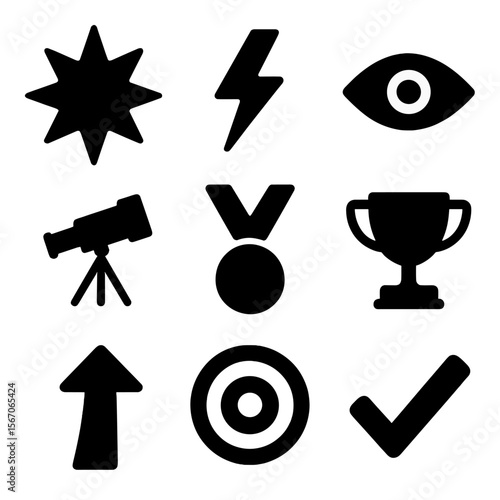Breakthrough Icon Set. Solid, filled icon set of breakthrough moments: burst star, lightning bolt, eye, telescope, medal, trophy,