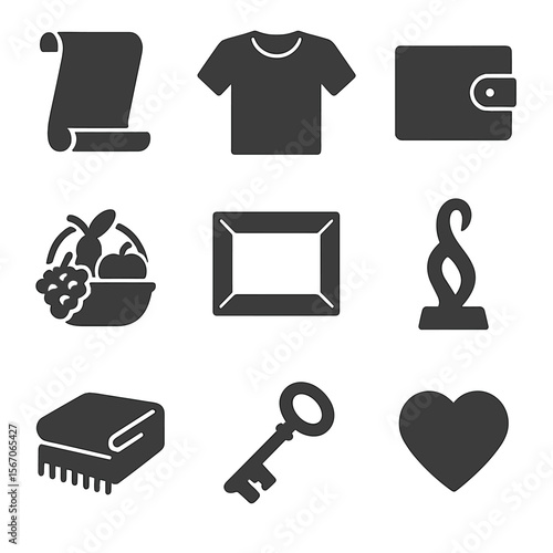 Anniversary Gift Icons. Solid, filled icons set of anniversary gifts by year: paper scroll, cotton shirt,