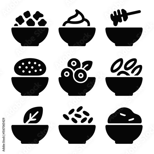Breakfast Icon Set. Solid, filled icon set of breakfast fruit bowls: granola topping, yogurt swirl, honey drizzle, chia seeds,