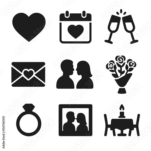 Anniversary Icons Set. Solid, filled icons set of anniversaries and milestone moments in relationships: heart