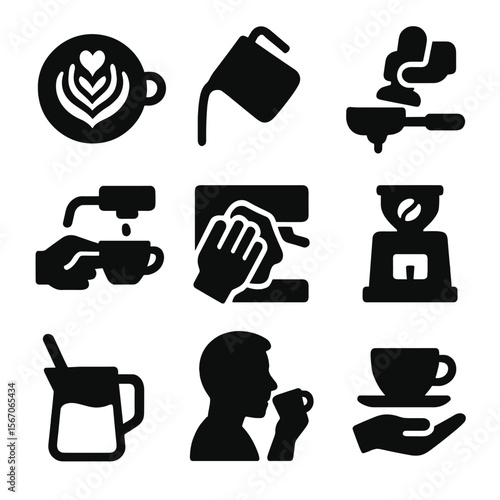 Barista Skills Icons. Solid, filled icon set of barista skills: latte art, steaming milk, tamping coffee, pouring espresso,