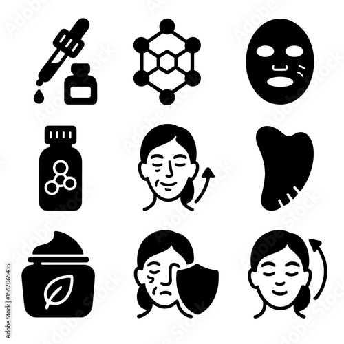 Anti-Aging Skincare Icons. Solid, filled icons set of anti-aging skincare: wrinkle serum, collagen icon,