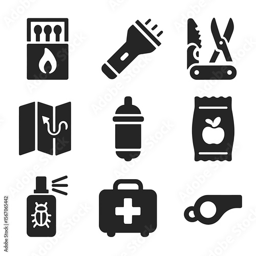 Backcountry Essentials Icons. Solid, filled icon set of backcountry essentials: matchbox, flashlight, multitool, trail map, water