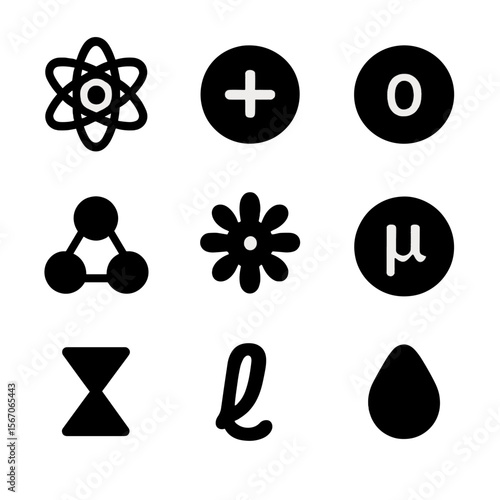 Atomic Particle Icons. Solid, filled icon set of atomic particles: electron, proton, neutron, quark, gluon, muon, boson, lepton,