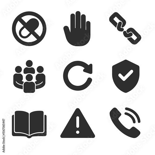 Anti-Drug Awareness Icons. Solid, filled icons set of anti-drug public messaging: crossed pill, red stop hand,