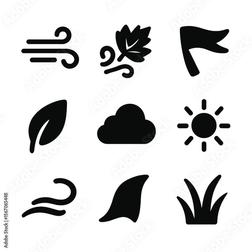 Breezy Weather Icons. Solid, filled icon set of breezy weather elements: gentle wind gust, leaf swirl, fluttering ribbon, drifting
