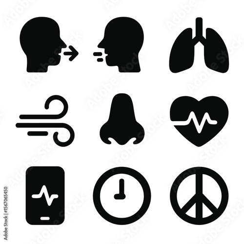 Breathing Icon Set. Solid, filled icon set of breathing and calmness: inhale symbol, exhale symbol, lungs, wind swirl, nose, heart