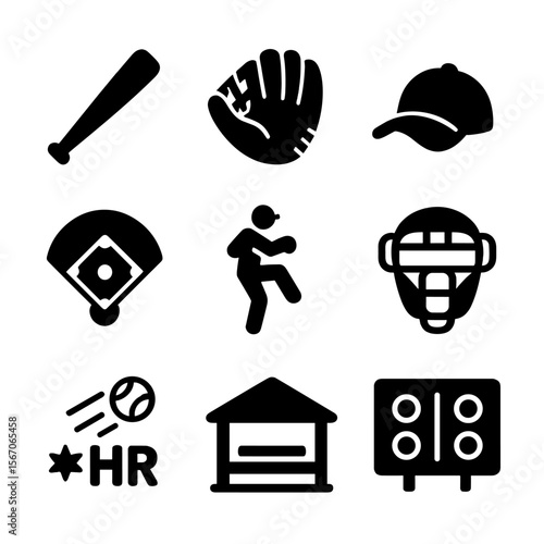 Baseball Icons Grid. Solid, filled icon set of baseball team: baseball bat, glove, cap, diamond layout, pitcher, catcher mask,