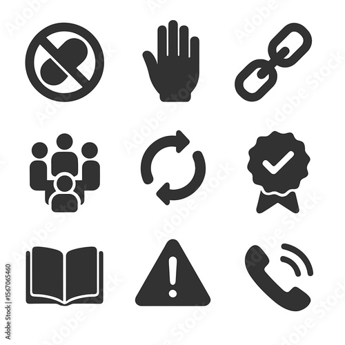 Anti-Drug Awareness Icons. Solid, filled icons set of anti-drug public messaging: crossed pill, red stop hand,