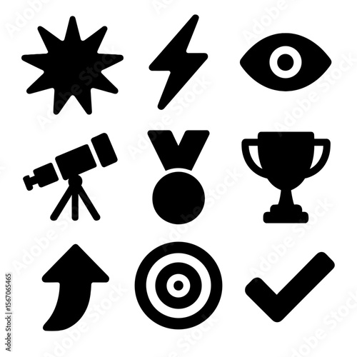 Breakthrough Icon Set. Solid, filled icon set of breakthrough moments: burst star, lightning bolt, eye, telescope, medal, trophy,