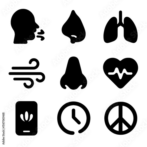 Breathing Icon Set. Solid, filled icon set of breathing and calmness: inhale symbol, exhale symbol, lungs, wind swirl, nose, heart