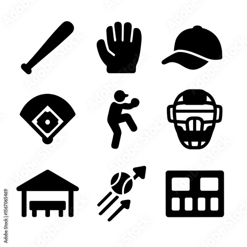 Baseball Icons Grid. Solid, filled icon set of baseball team: baseball bat, glove, cap, diamond layout, pitcher, catcher mask,