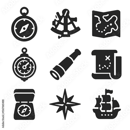 Antique Navigation Icons. Solid, filled icons set of historic navigation tools: antique compass, sextant,