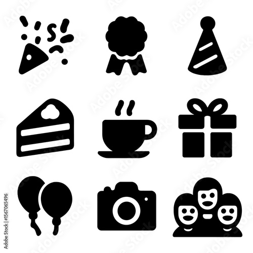 Bake-Off Celebration Icons. Solid, filled icon set of celebration after the bake-off: confetti, ribbon, party hat, cake slice, tea