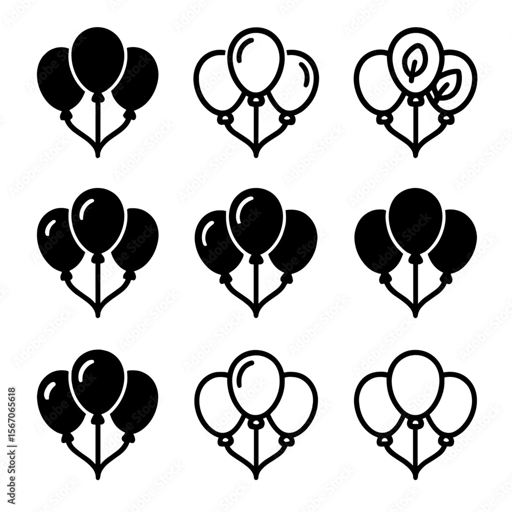 Fototapeta premium Balloon Icon Set. Solid, filled icon set of balloon cluster materials: latex balloons, mylar balloons, foil balloons,