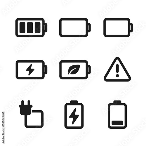 Battery Icon Grid. Solid, filled icon set of battery status indicators: full battery, half battery, low battery, charging, power