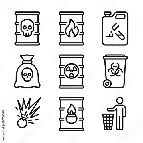 Hazardous Waste Icons. Outline icon set of hazardous waste classification and labeling: waste barrel with skull, flammable drum,