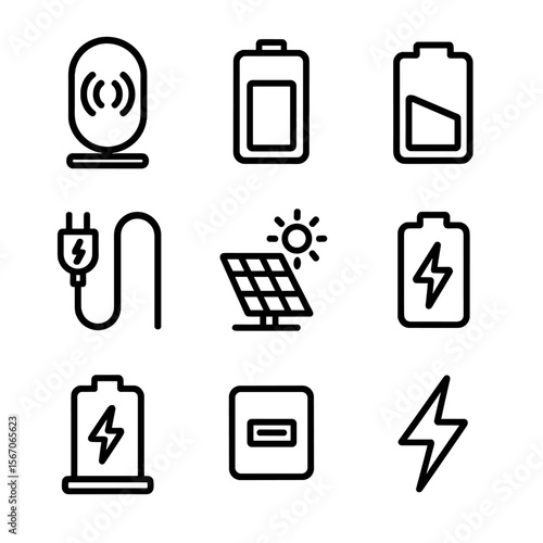 Battery Icon Set. Solid, filled icon set of charging and battery: wireless charger, battery full, battery low, power cable, solar