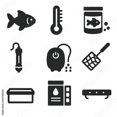 Aquaponics Care Icons. Solid, filled icons set of indoor fish care for aquaponics: goldfish, thermometer, fish