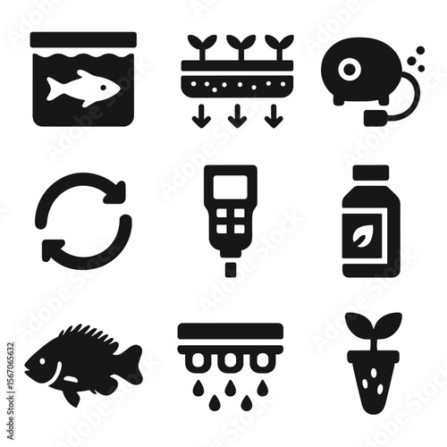 Aquaponics Icons Grid. Solid, filled icons set of aquaponics and hydroponics: fish tank, grow bed, air pump,