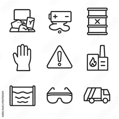 Hazardous Waste Icons. Outline icon set of hazardous waste management challenges: e-waste pile, battery leak, chemical barrel,
