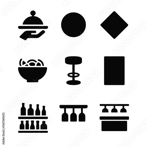 Bar Icons Grid. Solid, filled icon set of bar counter presentation: serving tray, coaster, cocktail napkin, garnish bowl, bar