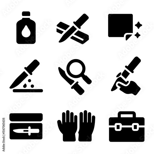 Bayonet Maintenance Icons. Solid, filled icon set of bayonet maintenance: oil bottle, sharpening stone, cleaning cloth, rust