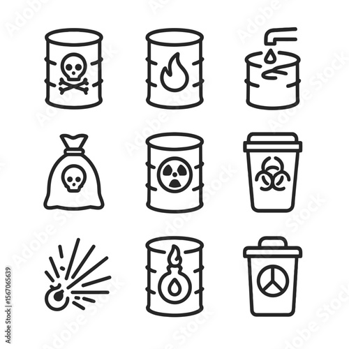 Hazardous Waste Icons. Outline icon set of hazardous waste classification and labeling: waste barrel with skull, flammable drum,