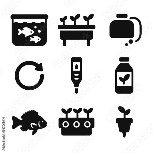 Aquaponics Icons Grid. Solid, filled icons set of aquaponics and hydroponics: fish tank, grow bed, air pump,