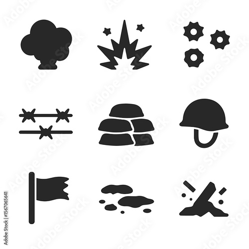 Battlefield Icon Set. Solid, filled icon set of battlefield atmosphere: smoke cloud, explosion, bullet holes, barbed wire,