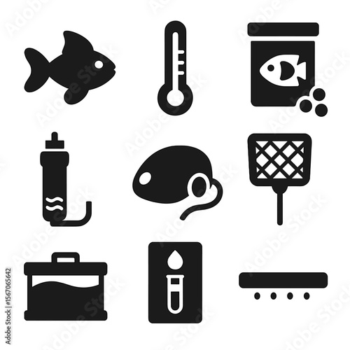 Aquaponics Care Icons. Solid, filled icons set of indoor fish care for aquaponics: goldfish, thermometer, fish