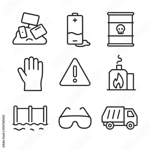Hazardous Waste Icons. Outline icon set of hazardous waste management challenges: e-waste pile, battery leak, chemical barrel,