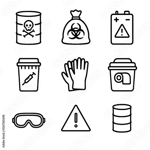 Hazardous Waste Icons. Outline icon set of hazardous and special waste handling: chemical barrel, biohazard bag, battery with